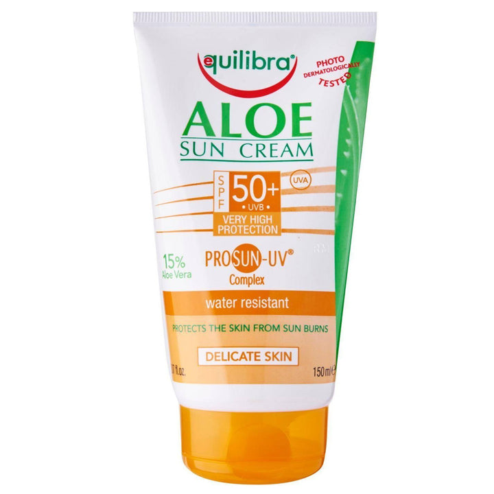 Equilibra Aloe Sun Cream with SPF 50+ PROSUN-UV Complex, labeled as water resistant and delicate skin friendly.